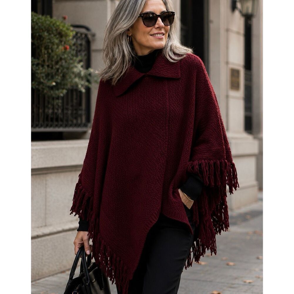 Coldwater Creek Burgundy Wool Blend Sweater Fringe Pancho Women’s One Size